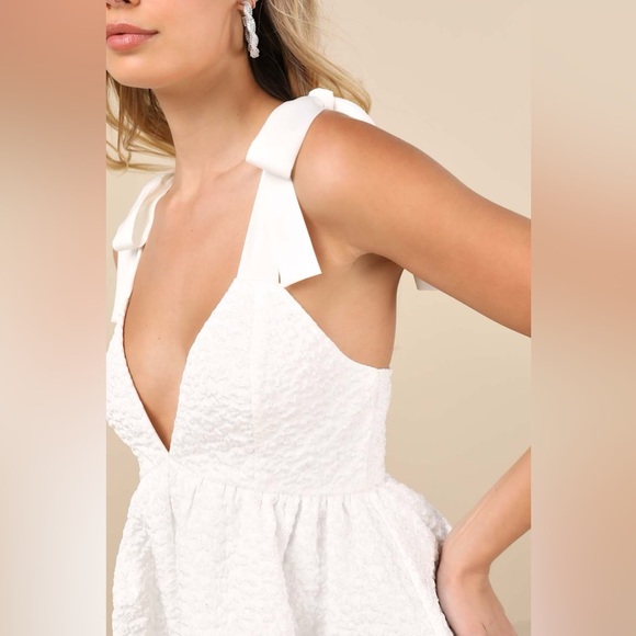 LULU’S Darling Composure White Jacquard Floral Tie-Strap Mini Dress - Picture 2 of 6